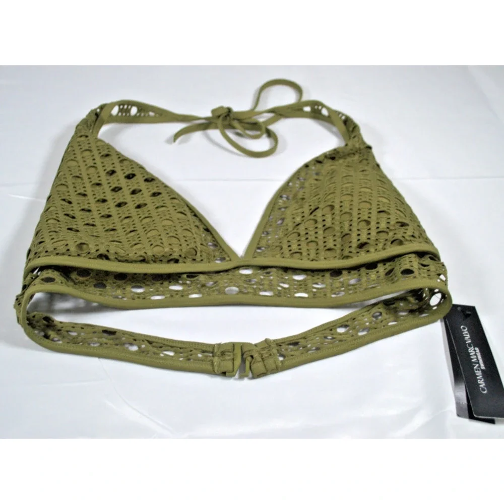 Carmen Marc Valvo Laser Cut Halter Bikini Top Olive Green Size Large NWT